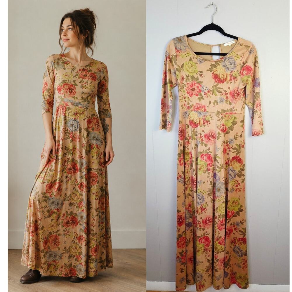 Orange Creek Maxi Dress Medium Suede Tan Floral 3/4 Sleeve Cottagecore Romantic